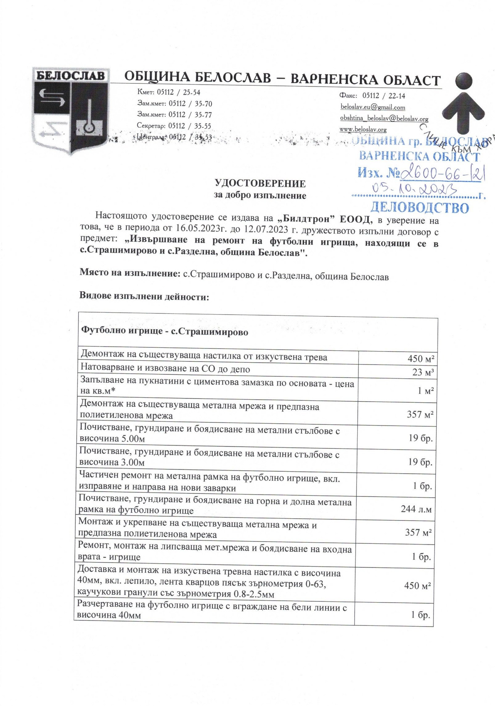 Удостоверение Община Белослав - ремонт игрища