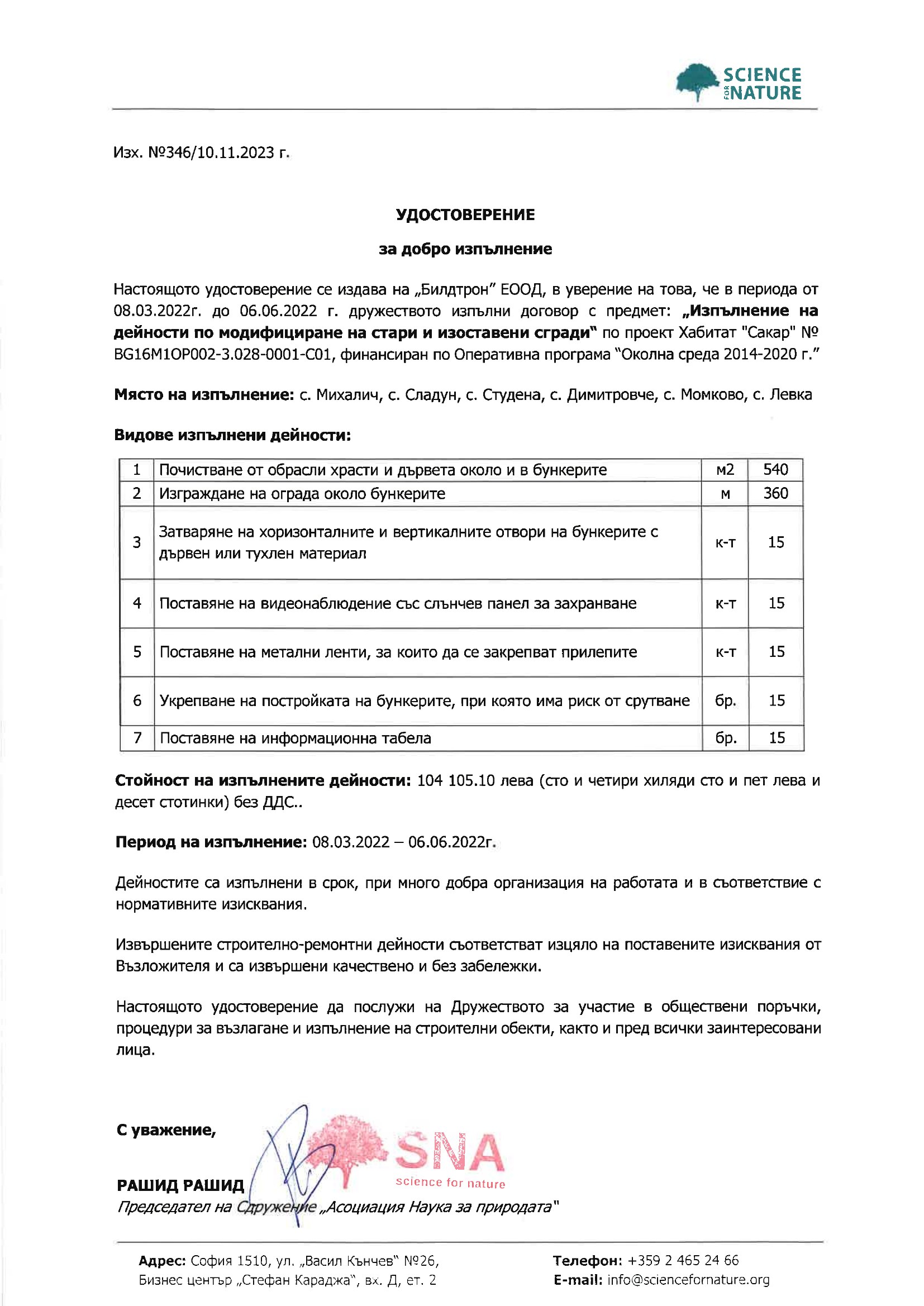 Удостоверение Хабитат Сакар - Бункери
