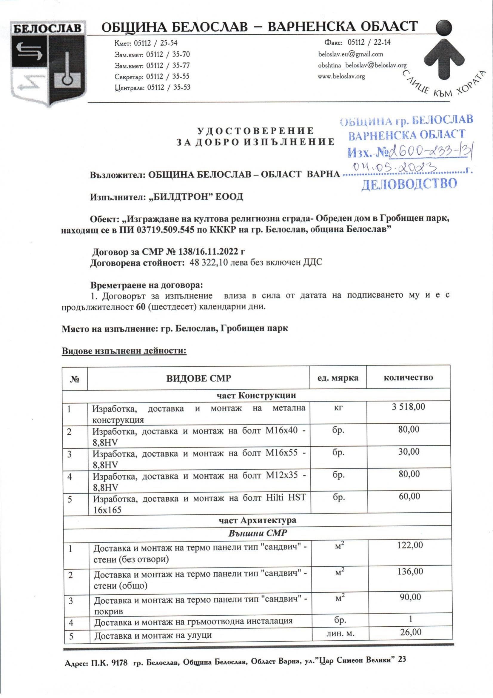 Удостоверение Обреден дом Белослав