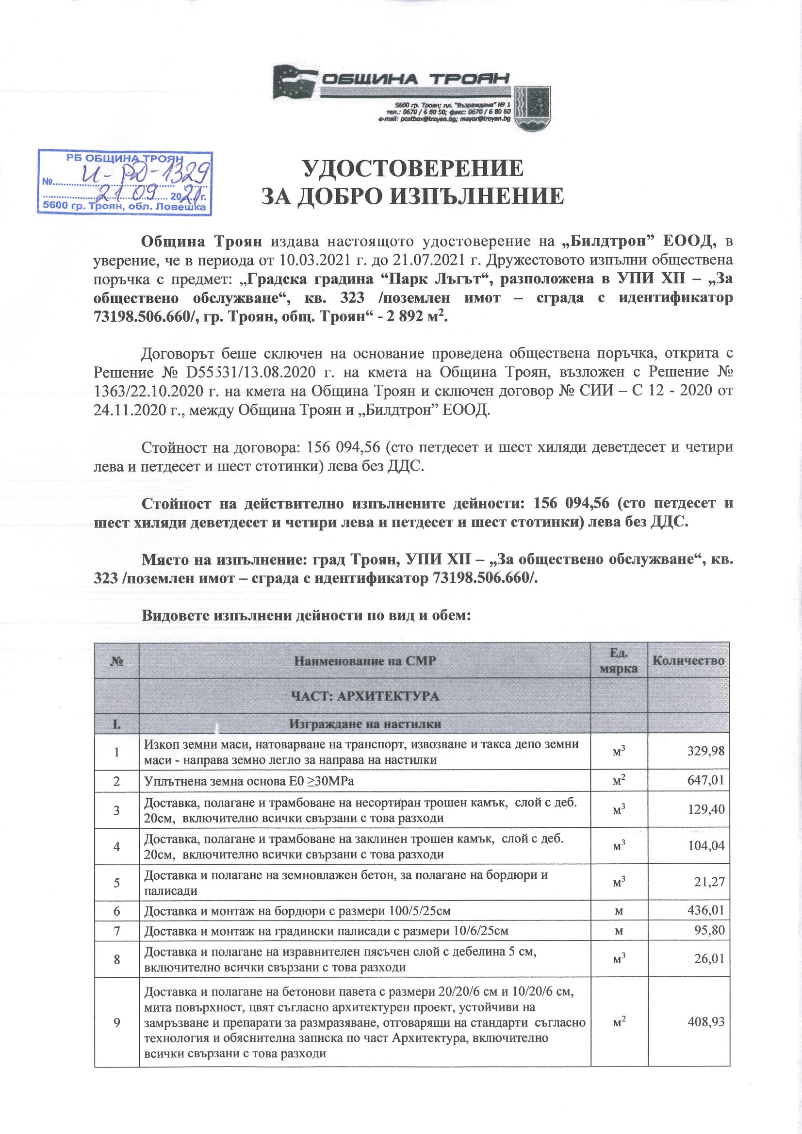 Удостоверение Община Троян